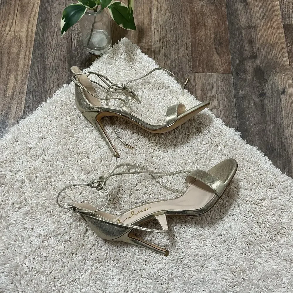 Lulu's Size 7 Champagne Metallic Lace-Up Peep Toe Stiletto Aimee Heels
